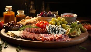 ai generado frescura en un rústico plato gastrónomo jamón, ahumado tocino, y ciabatta generado por ai foto