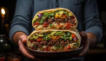 AI generated Freshly cooked beef taco with homemade guacamole and spicy salsa generated by AI photo
