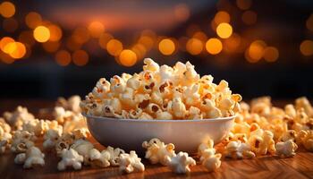 AI generated Fresh popcorn, glowing bucket, watching movie in dark theater generated by AI photo