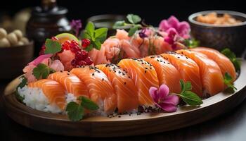 AI generated Freshness on plate sushi, sashimi, seafood, avocado, ginger, wasabi generated by AI photo