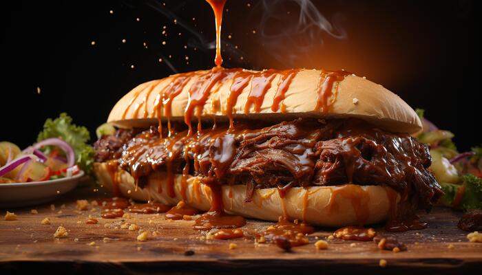 AI generated Grilled beef sandwich with pulled pork, coleslaw, and barbecue sauce generated by AI