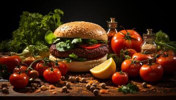 AI generated Freshness on a wooden table grilled burger, healthy salad generated by AI photo
