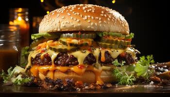 AI generated Grilled gourmet cheeseburger, fresh tomato, onion on sesame bun generated by AI photo