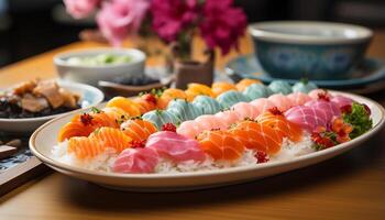 AI generated Freshness on plate seafood, sashimi, nigiri, maki sushi, healthy eating generated by AI photo