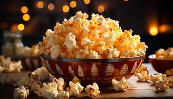 AI generated Fresh popcorn in a wooden bowl, perfect movie theater snack generated by AI photo