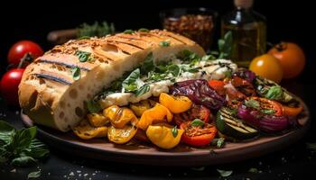 AI generated Grilled tomato sandwich on wooden plate, a healthy vegetarian meal generated by AI photo