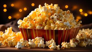AI generated Fresh popcorn in a yellow bowl, perfect movie night snack generated by AI photo