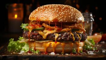 AI generated Grilled gourmet cheeseburger on a rustic wooden table, mouthwatering generated by AI photo