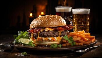 AI generated Grilled beef burger on rustic bread, unhealthy but delicious generated by AI photo