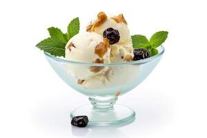 Vanilla ice cream raisins and mint in bowl isolated on white background.Generative Ai. photo