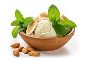 Lime ice cream almonds,mint leaf isolated on white background.Generative Ai. photo