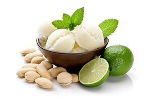 Lime ice cream almonds,mint leaf isolated on white background.Generative Ai. photo