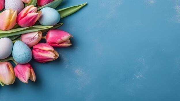 ai generado tulipán flor y Pascua de Resurrección huevos en azul fondo.generativo ai. foto