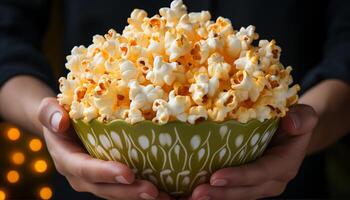 AI generated Young women enjoying a sweet snack while watching a movie generated by AI photo