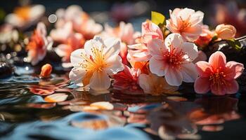 AI generated A vibrant bouquet of colorful flowers reflects in a tranquil pond generated by AI photo