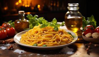 AI generated Freshness on table homemade pasta, cooked with Italian culture generated by AI photo