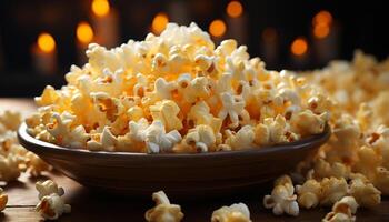 AI generated Fresh popcorn, sweet caramel, and a movie night delight generated by AI photo