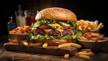 AI generated Gourmet burger with cheese, fries, and refreshing drink generated by AI photo