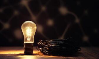 AI generated Light bulb and electric cable on the wooden table in the dark soft focus background photo