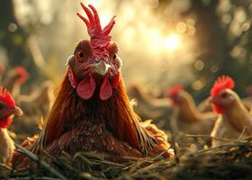 AI generated A few chicken are sitting in straw on the ground. A group of chickens standing on a pile of hay, pecking and scratching the ground. photo