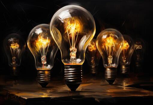 AI generated A paper lightbulb lit on a blackboard. A group of light bulbs is arranged neatly on top of a table, creating an organized display. photo