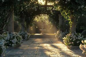 AI generated Sunrise Rays in a Serene Garden with Fountain photo