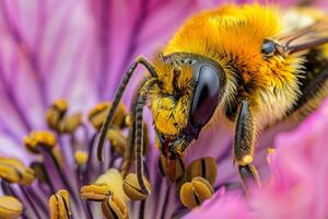 AI generated Close View of Bee on Purple Flower Stamens photo