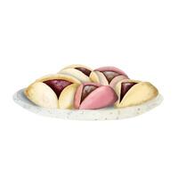 Jewish Purim Hamantaschen cookies with poppy seeds on white plate, watercolor vector illustration