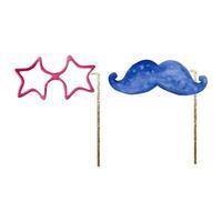 Photo booth Purim colorful accessories for party - star glasses and mustaches on sparkling gold stick vector watercolor illustration