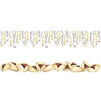 Purim horizontal banners with Haman ears and festive ribbons watercolor vector Hamantaschen cookies