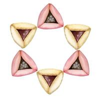 Purim round frame of triangular hamantaschen cookies minimalist template vector illustration