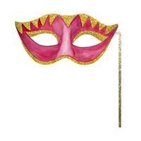 Watercolor red gold Venetian carnival mask on stick. Hand drawn Purim or Mardi Gras vector illustration