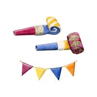 Realistic party blower whistles and festive flags, watercolor vector illustration of party horns in blue, magenta, gold, orange