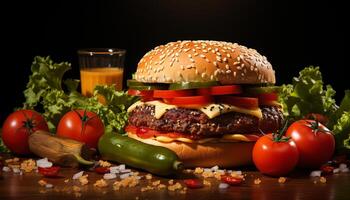 ai generado frescura en mesa A la parrilla gastrónomo hamburguesa con tomate y queso generado por ai foto