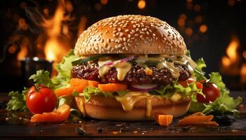 ai generado A la parrilla carne de vaca hamburguesa con Derretido queso Cheddar en un sésamo bollo generado por ai foto