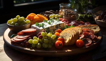 ai generado un gastrónomo picnic Fresco fruta, ahumado carne, y vino generado por ai foto