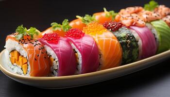 ai generado frescura en plato Sushi, sashimi, maqui, nigiris, Mariscos deleite generado por ai foto