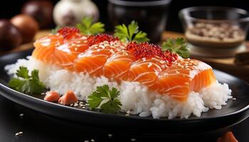 AI generated Freshness of seafood on plate, a gourmet Japanese meal generated by AI photo