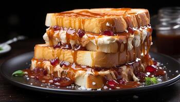 AI generated Homemade pancake stack with chocolate sauce and fresh berries generated by AI photo