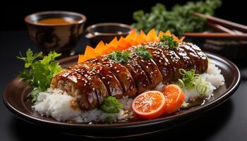 AI generated Grilled pork, vegetable rice, fresh salad, healthy eating generated by AI photo