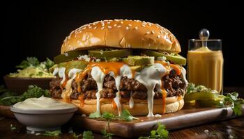 ai generado A la parrilla hamburguesa en bollo, coronado con queso y tomate generado por ai foto