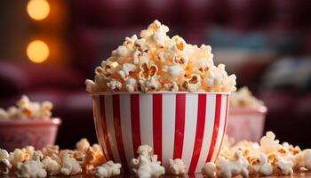 ai generado acecho un película, merienda en Fresco palomitas de maiz en un teatro generado por ai foto