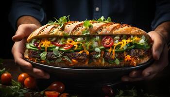 ai generado A la parrilla carne, Fresco verduras, hecho en casa hamburguesa en de madera mesa generado por ai foto