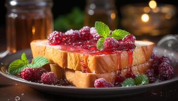 AI generated Fresh raspberry dessert on wooden plate with mint leaf garnish generated by AI photo