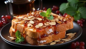 ai generado hecho en casa gastrónomo postre dulce tarta con caramelo salsa y bayas generado por ai foto