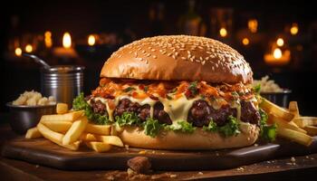 AI generated Grilled cheeseburger on a rustic wooden table, ready to eat generated by AI photo