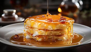 AI generated Freshly baked dessert on a plate, tempting indulgence with whipped cream generated by AI photo