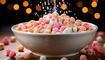 ai generado un vistoso cuenco de dulce trata dulce, fruta, y galletas generado por ai foto