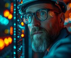 AI Generated Close-up portrait of man with glasses and helmet in data center. Tech man with laptop working in the network photo