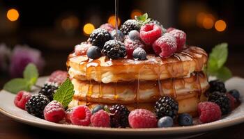 AI generated Fresh berry pancake stack on rustic wooden plate with syrup generated by AI photo